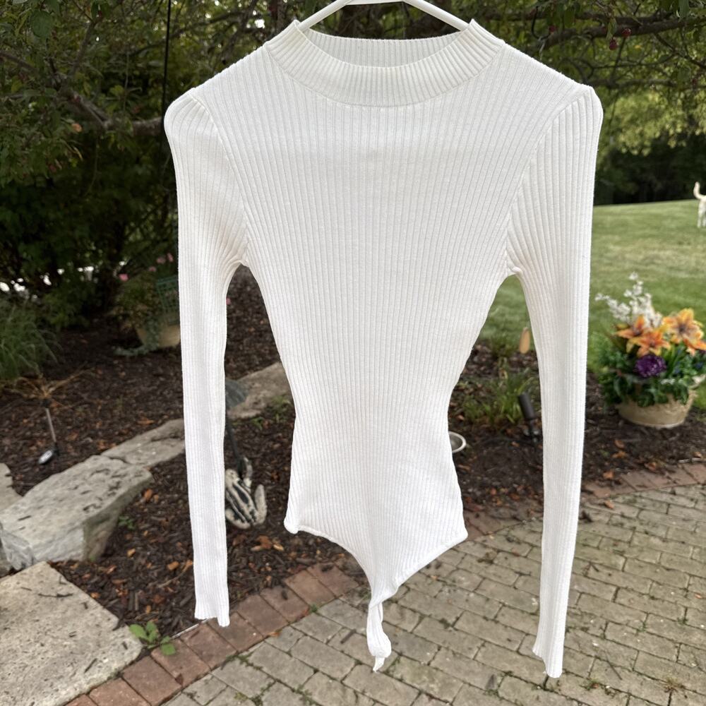Lulus Ribbed Knit Long Sleeve Bodysuit White Small